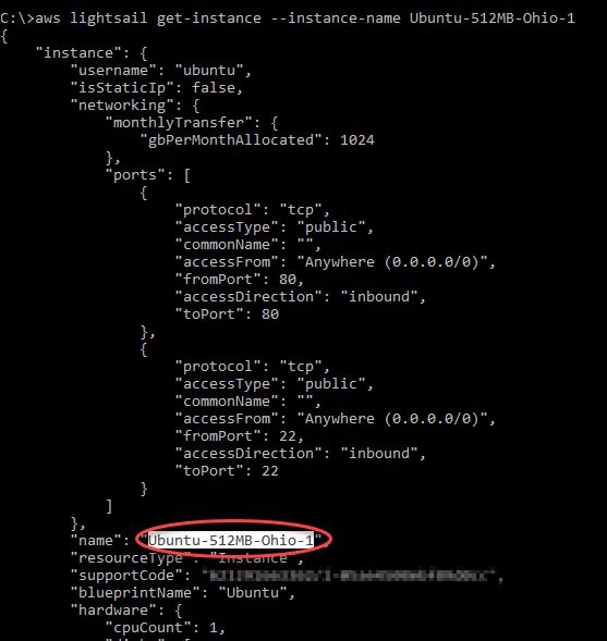 AWS CLI output per il funzionamento get-instances di Lightsail.