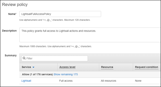 La pagina Rivedi policy nella console IAM.