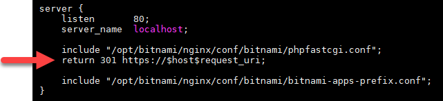 File di configurazione NGINX modificato per il reindirizzamento da HTTP a HTTPS.