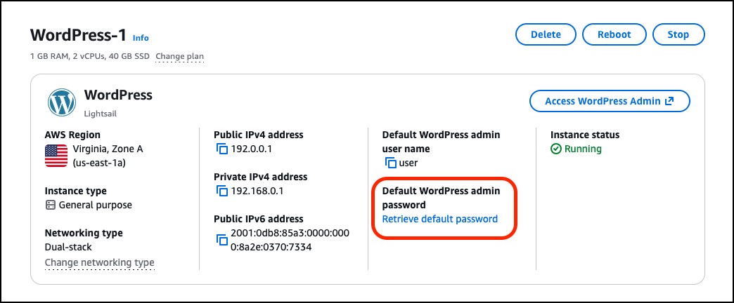 Accesso alla password WordPress di amministratore in Lightsail.