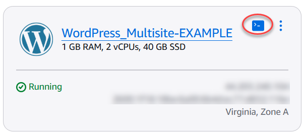 Connessione rapida SSH sulla console Lightsail.