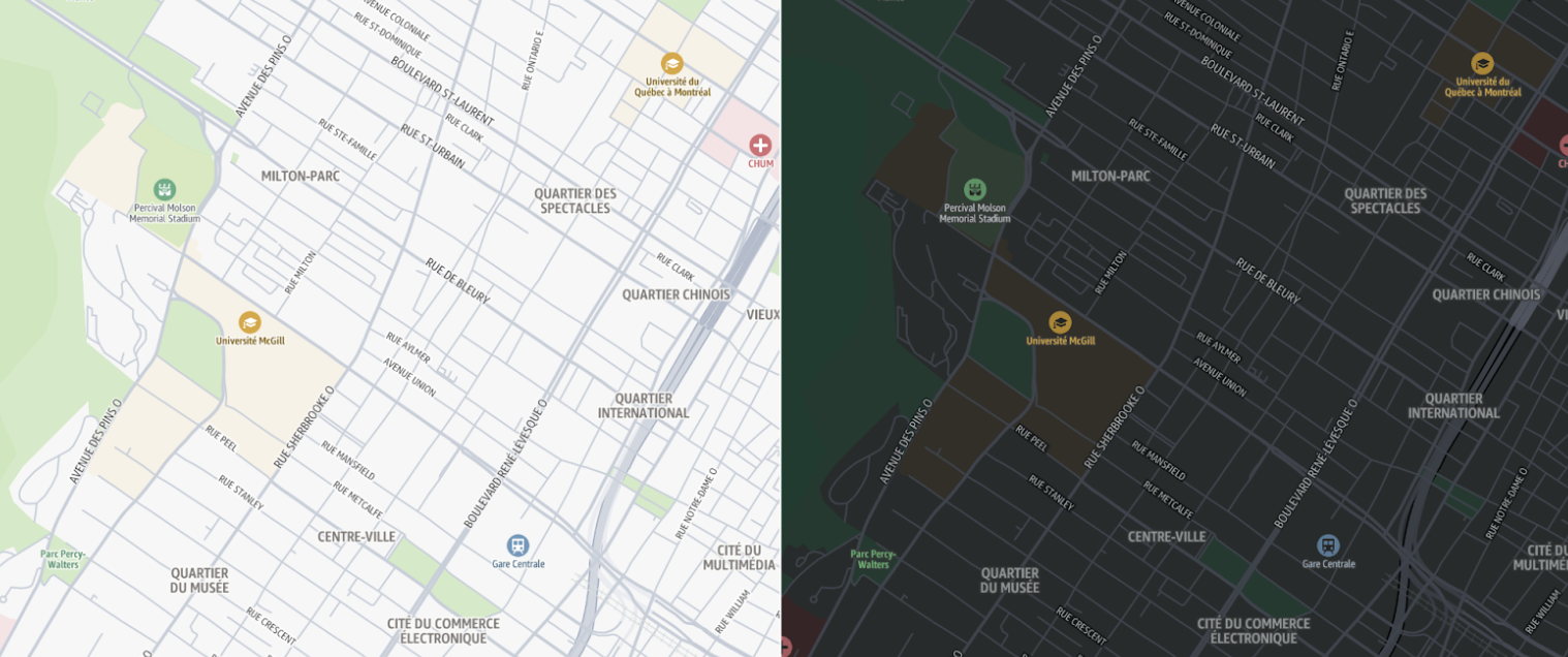 Map of Montreal showing districts, landmarks, and streets in light and dark modes.