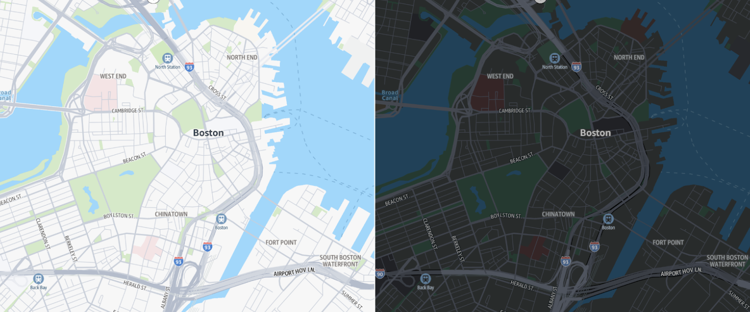 Map of Boston showing neighborhoods, streets, and waterways in standard and dark modes.
