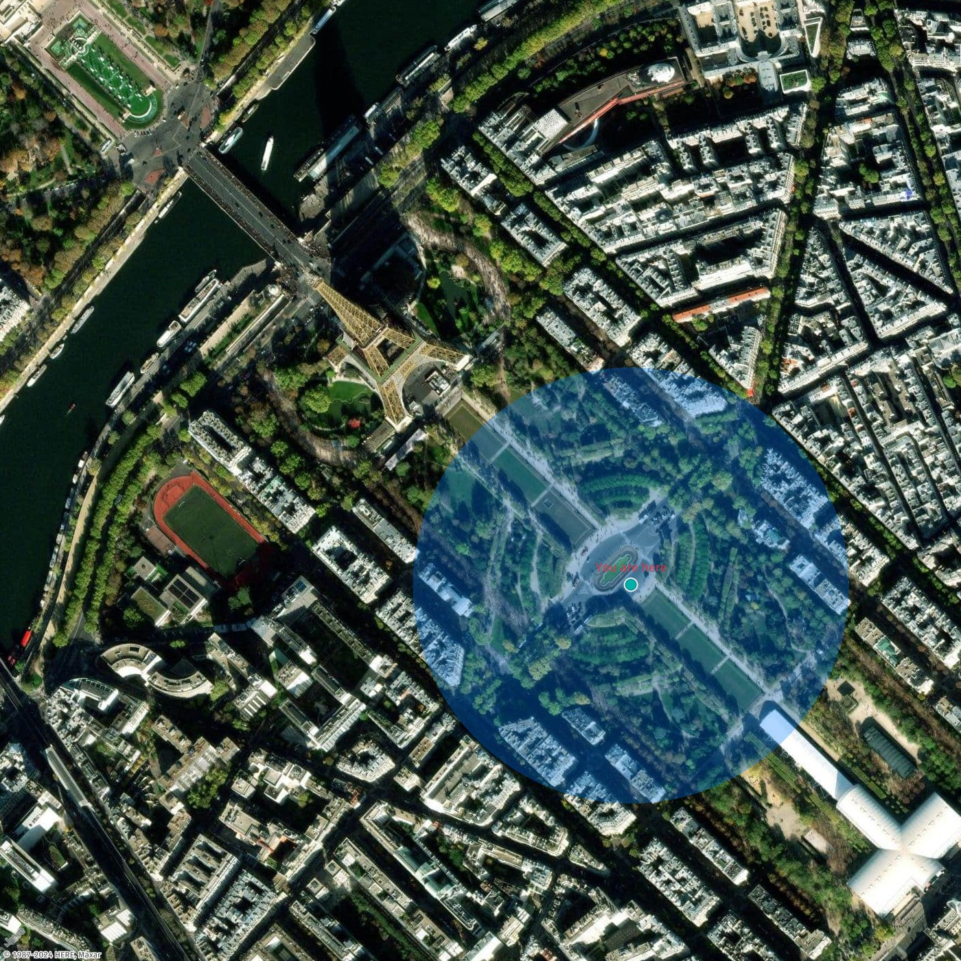 Mappa di esempio che mostra un cerchio di prossimità attorno alla Torre Eiffel.