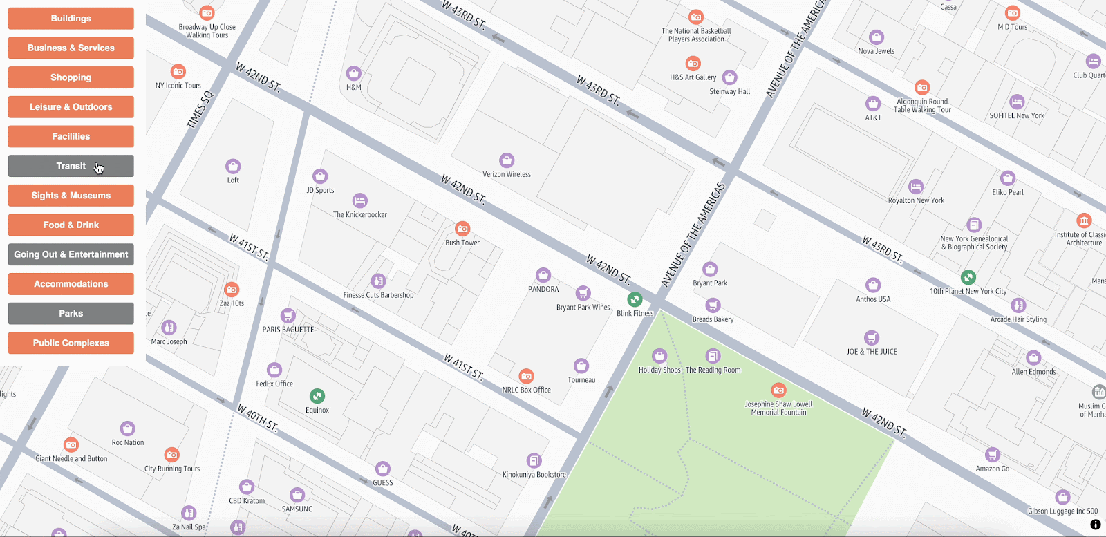 Map showing various points of interest in Midtown Manhattan, including businesses and landmarks.