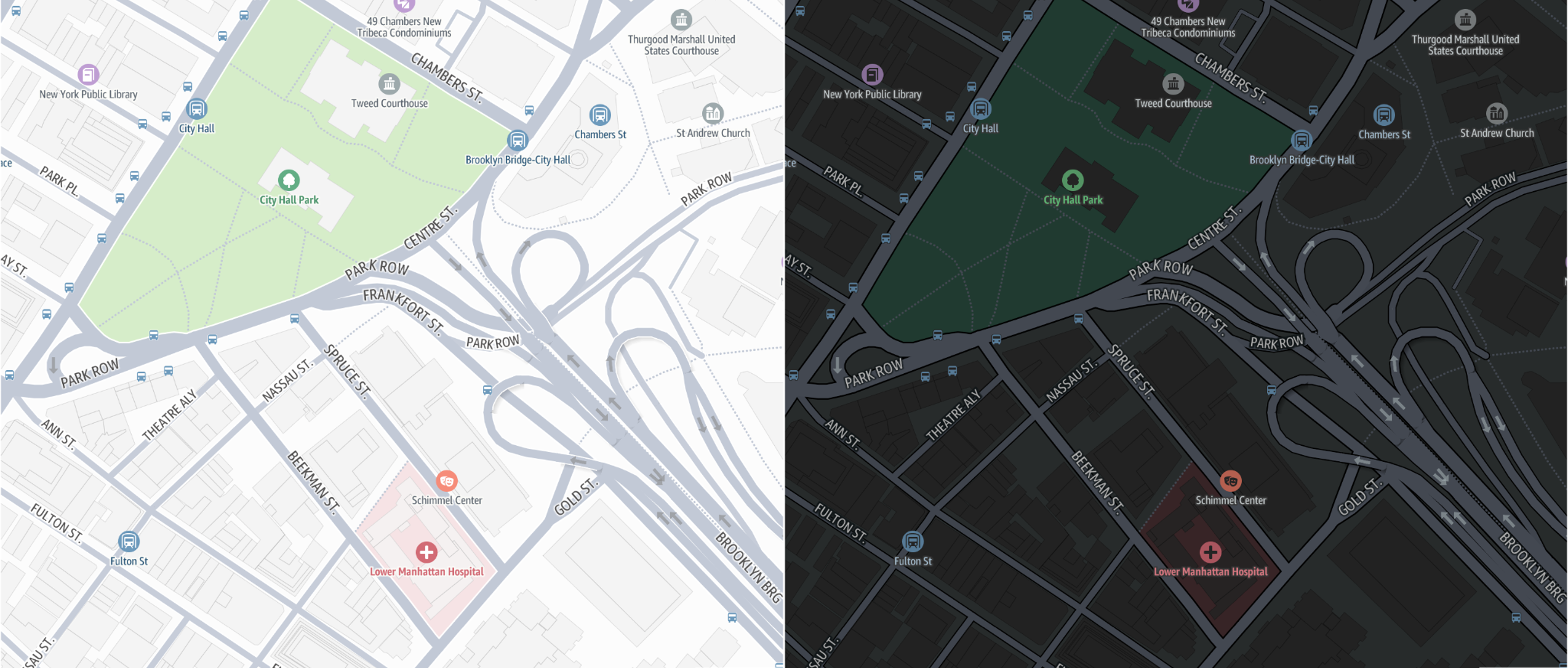 Map of Lower Manhattan showing City Hall Park, streets, and landmarks in light and dark modes.