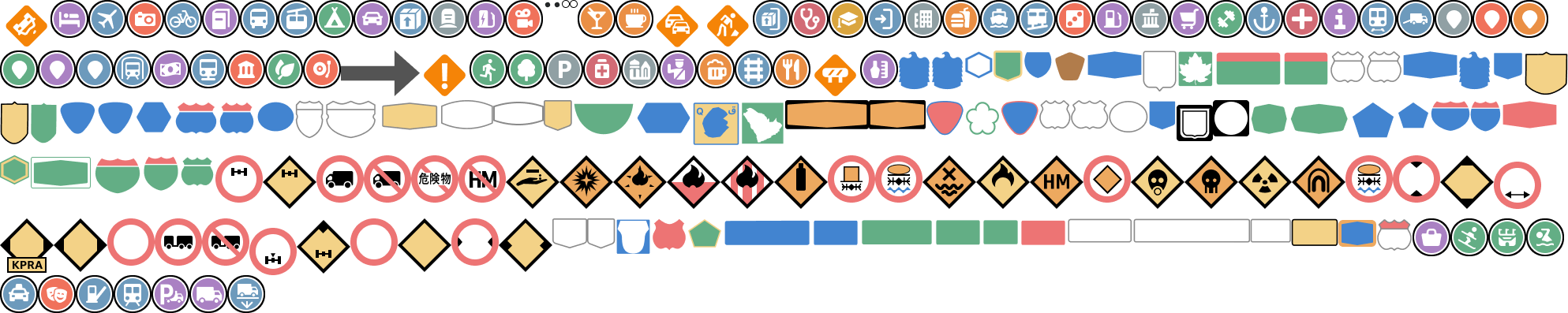 Collection of colorful icons representing various travel, transportation, and service symbols.