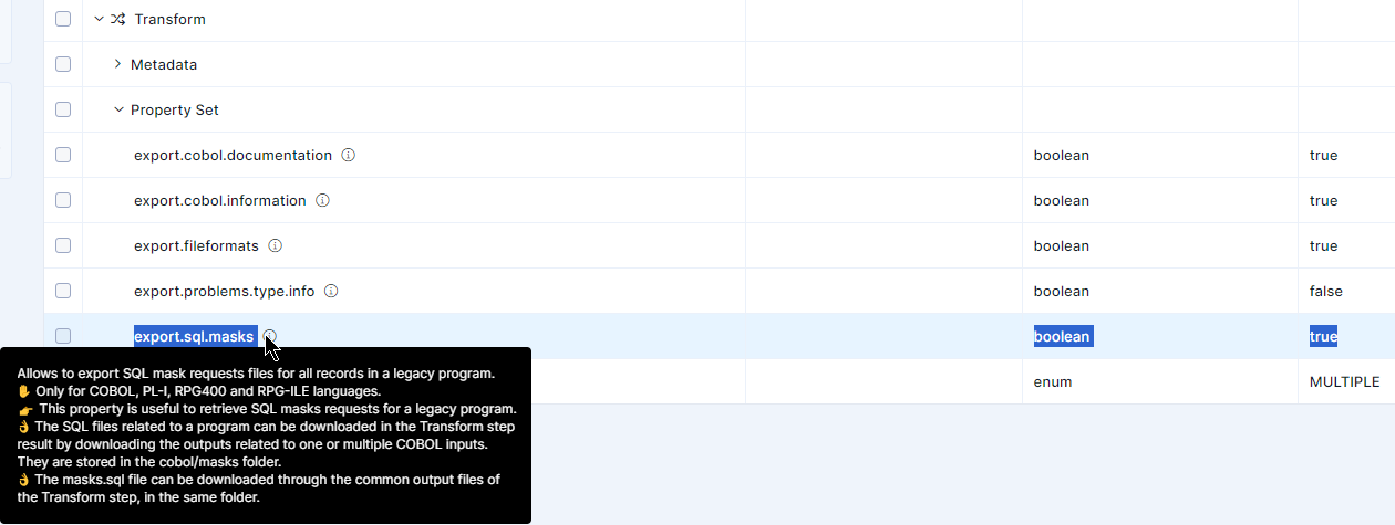 Property set configuration with export.sql.masks option set to true and boolean type.