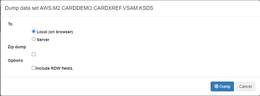 Data dump configuration window with options for local or server storage and zip dump.