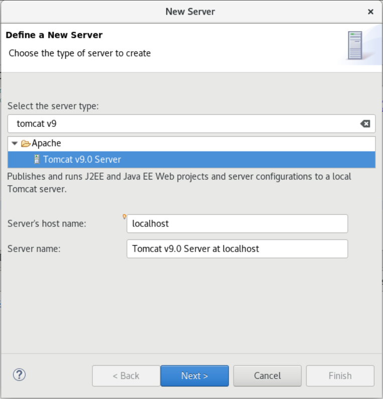 La finestra di dialogo Nuovo server. È selezionato il server Tomcat v9.0.