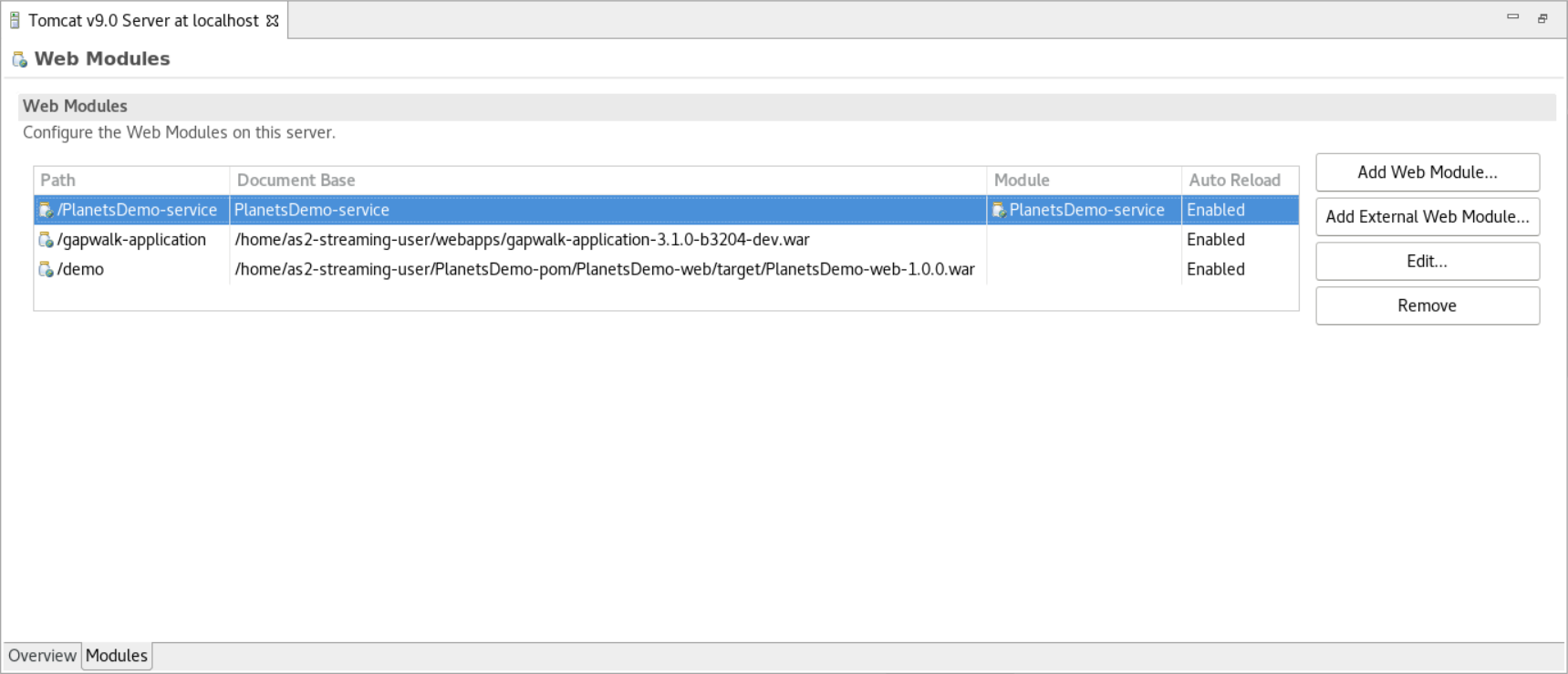 La scheda Moduli Web per le proprietà del server Tomcat con i moduli elencati.