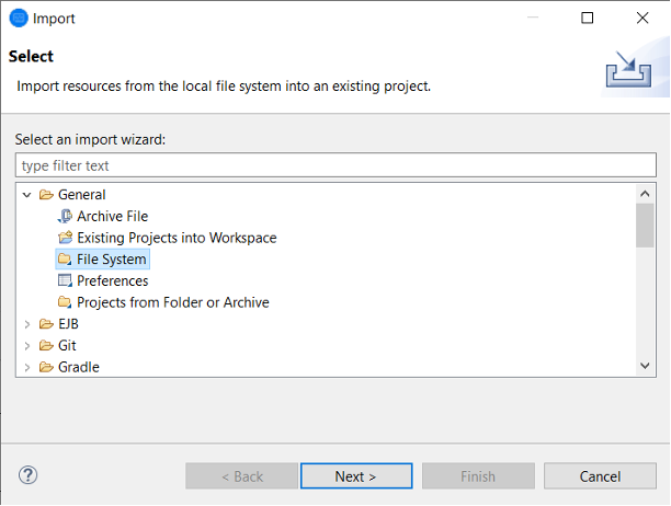 La casella Importa con il file system selezionato.
