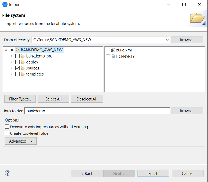 La casella File system con la BankDemo directory espansa.