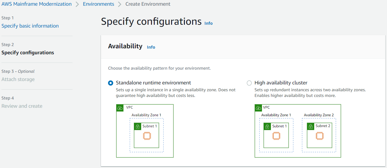 La sezione AWS Mainframe Modernization Availability con l'ambiente di runtime standalone selezionato.