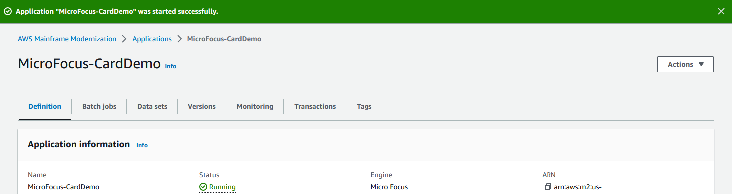 Il messaggio di avvio dell'applicazione è riuscito.