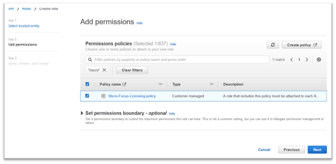 Aggiungete le autorizzazioni con la politica Micro Focus selezionata.