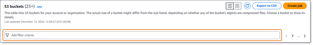 La casella del filtro nella pagina dei bucket S3.