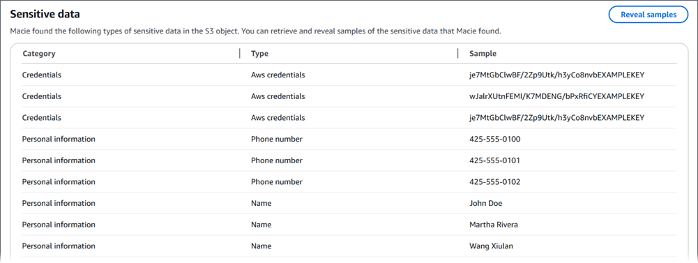La tabella degli esempi. Elenca nove campioni e la categoria e il tipo di dati sensibili di ciascun campione.