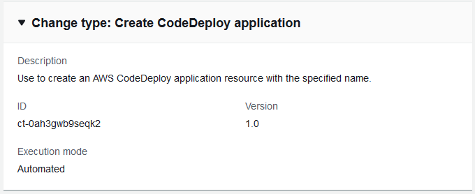 Modifica type details for creating an AWS CodeDeploy application with specified name and ID.
