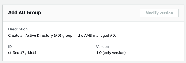 Form to add an Active Directory group in AMS managed AD, showing description and ID fields.