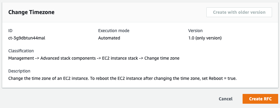 Modifica Timezone interface showing ID, execution mode, version, and description for EC2 instance.