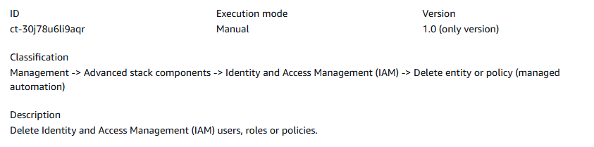 Modifica type: Delete IAM Resource with description, ID, version, and execution mode details.