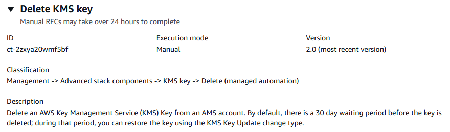 Delete KMS key interface showing ID, execution mode, version, and description details.