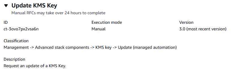 Update KMS Key interface showing ID, execution mode, version, and classification details.
