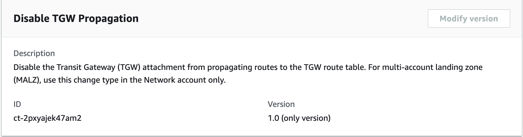 Configuration details for disabling TGW propagation, including description, ID, and version.