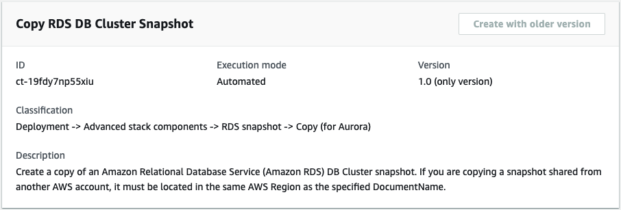 Details of an Amazon RDS DB Cluster snapshot copy operation, including ID and execution mode.