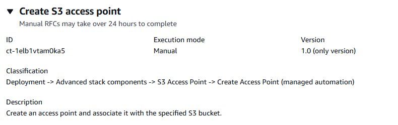 Modifica type details for creating an S3 access point, including ID, execution mode, and classification.