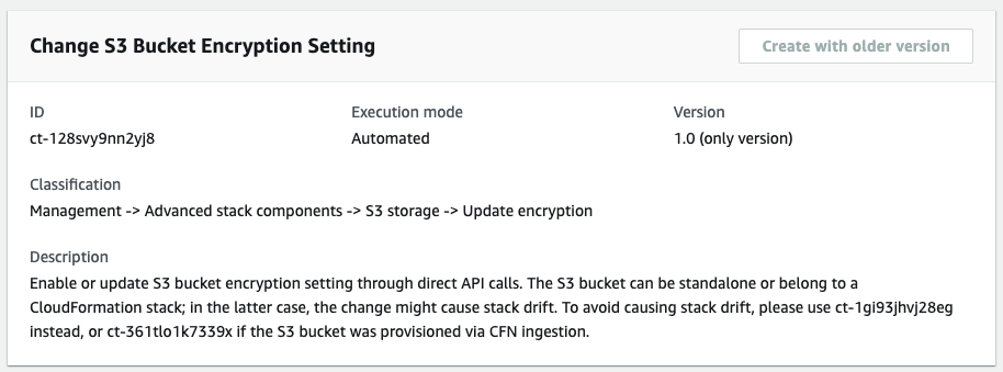 Modifica S3 Bucket Encryption Setting interface with ID, execution mode, and description.