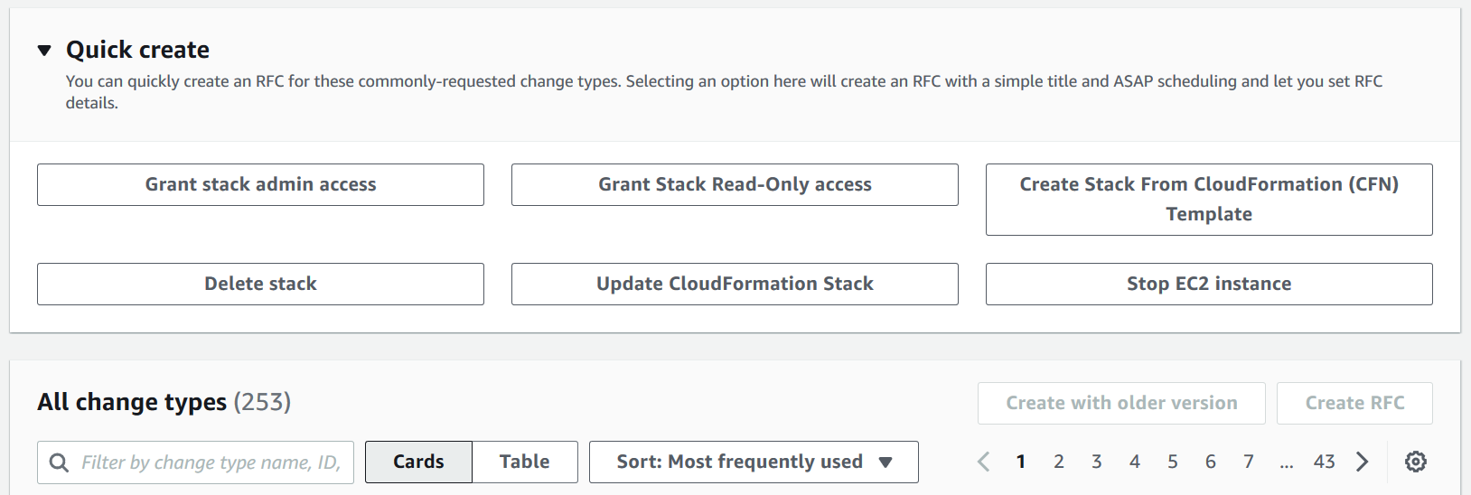 Quick create section with options for common AWS stack operations and access management.