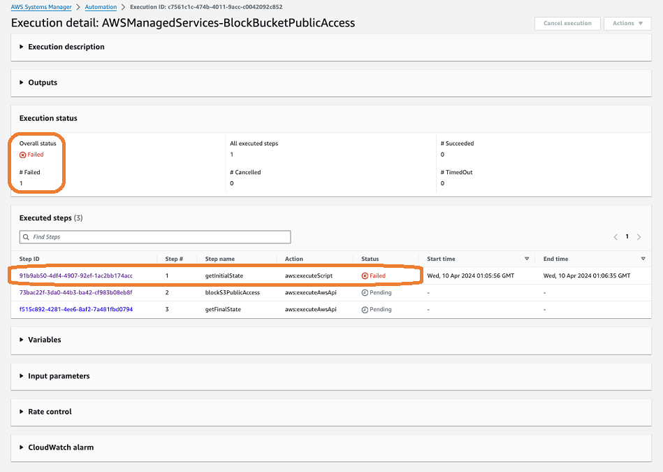 Un esempio della console Systems Manager che mostra un'automazione selezionata.