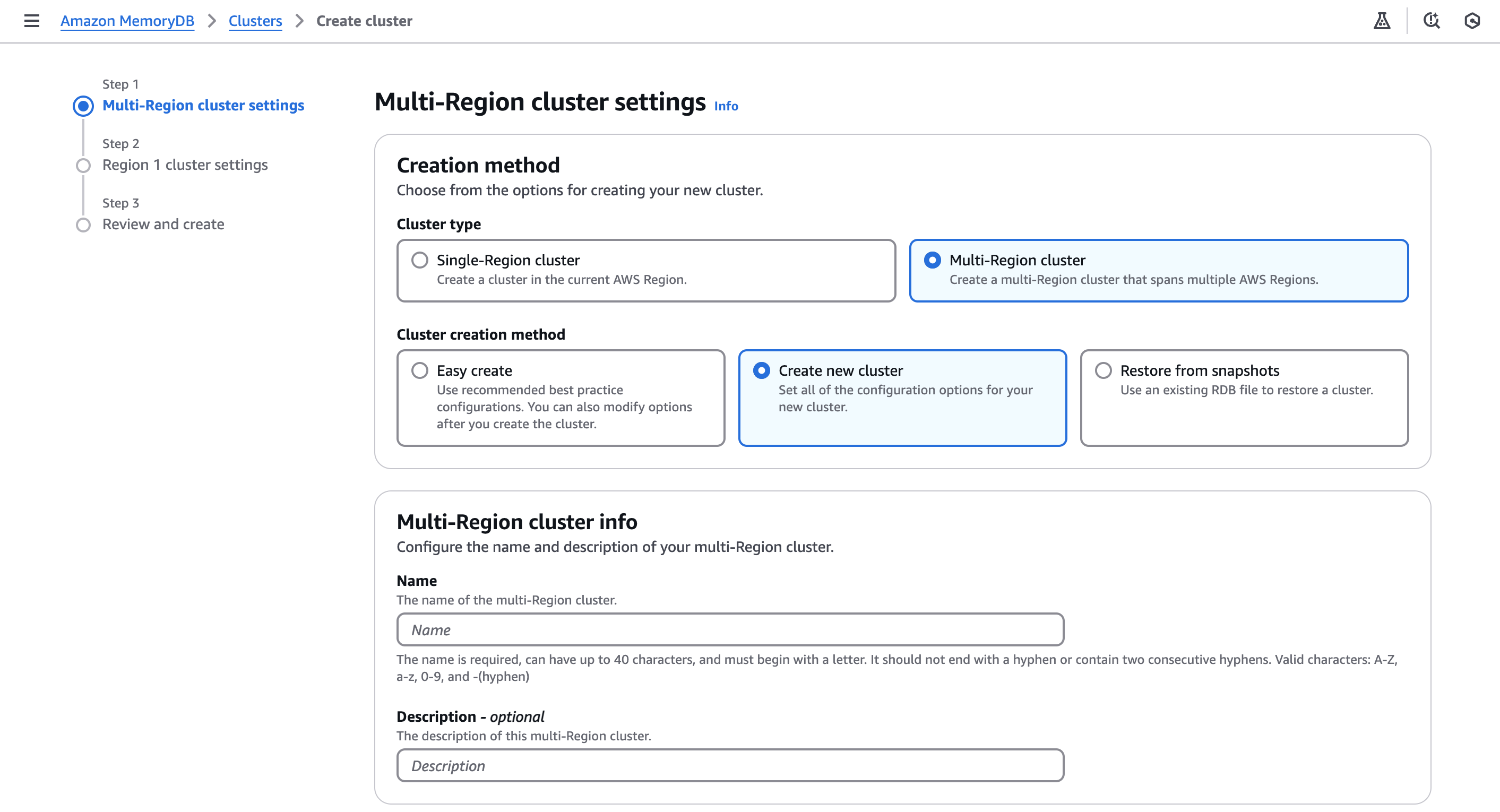 Crea e configura un cluster, visualizzazione da console.