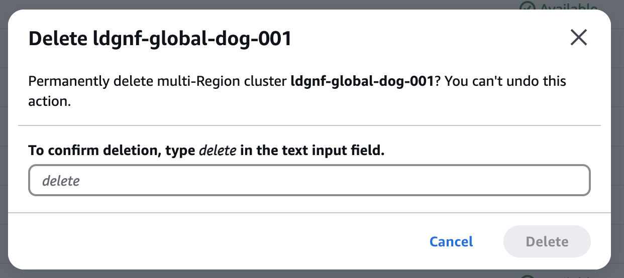 Visualizzazione da console dell'eliminazione di un intero cluster multiregionale.
