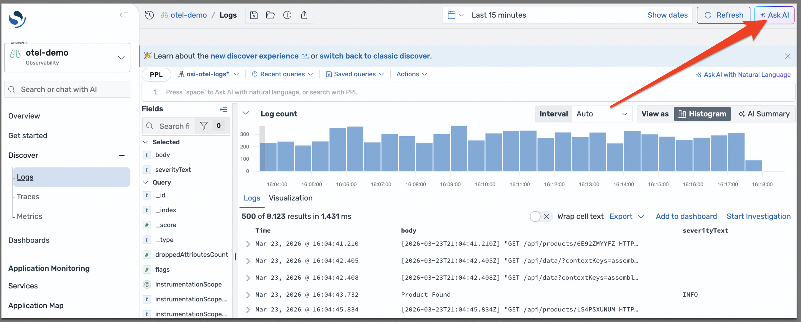 La pagina Discover nell' OpenSearch interfaccia utente con il pulsante Ask AI evidenziato nell'angolo in alto a destra.