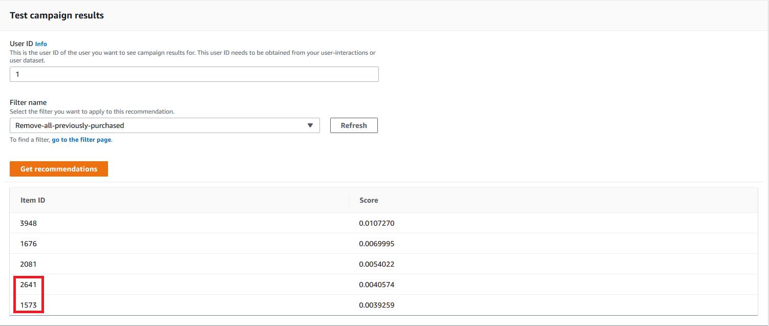 Mostra i risultati dei consigli con un filtro applicato.