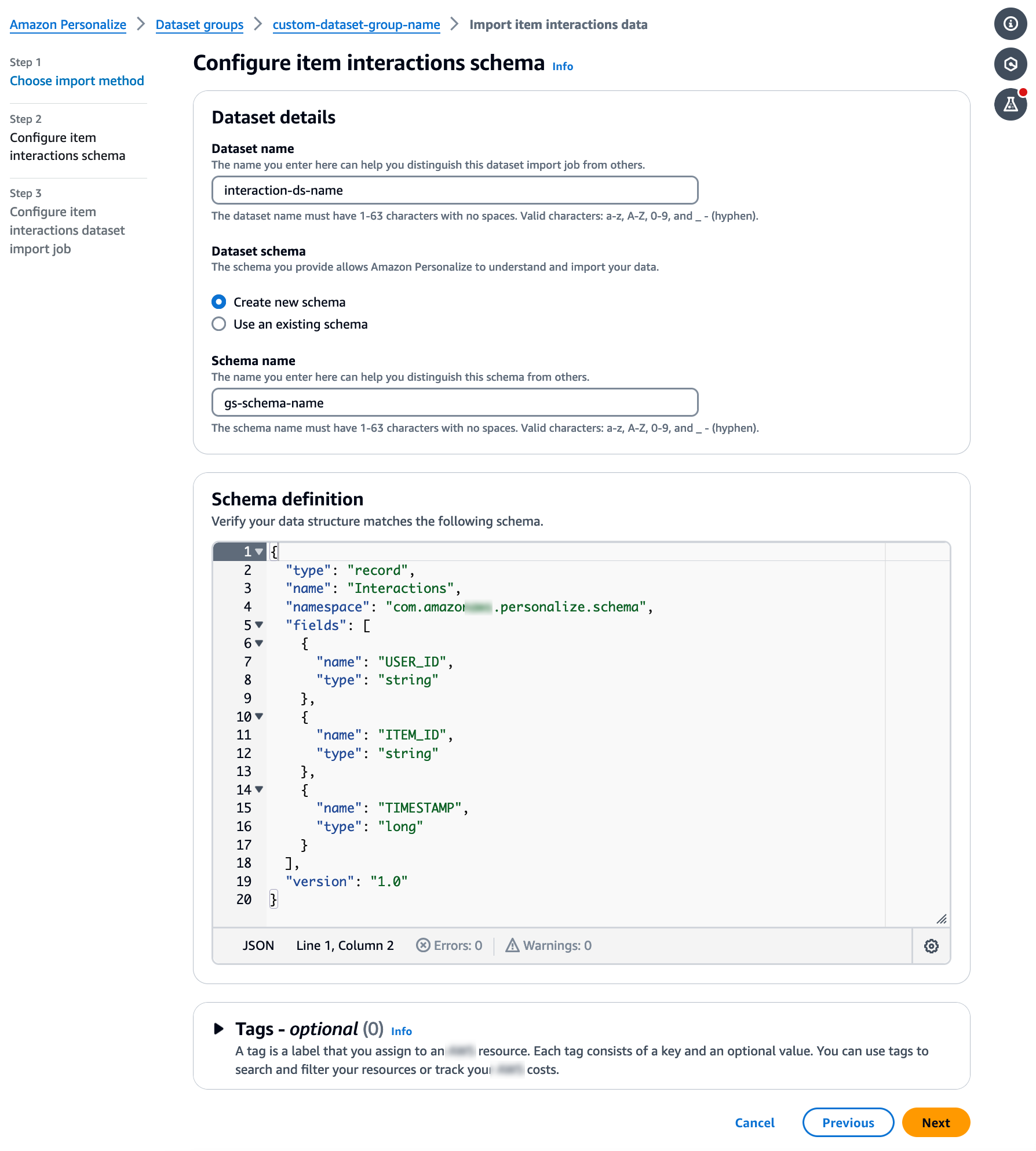 Rappresenta la pagina dello schema di configurazione delle interazioni tra gli elementi con i campi del set di dati e dello schema.