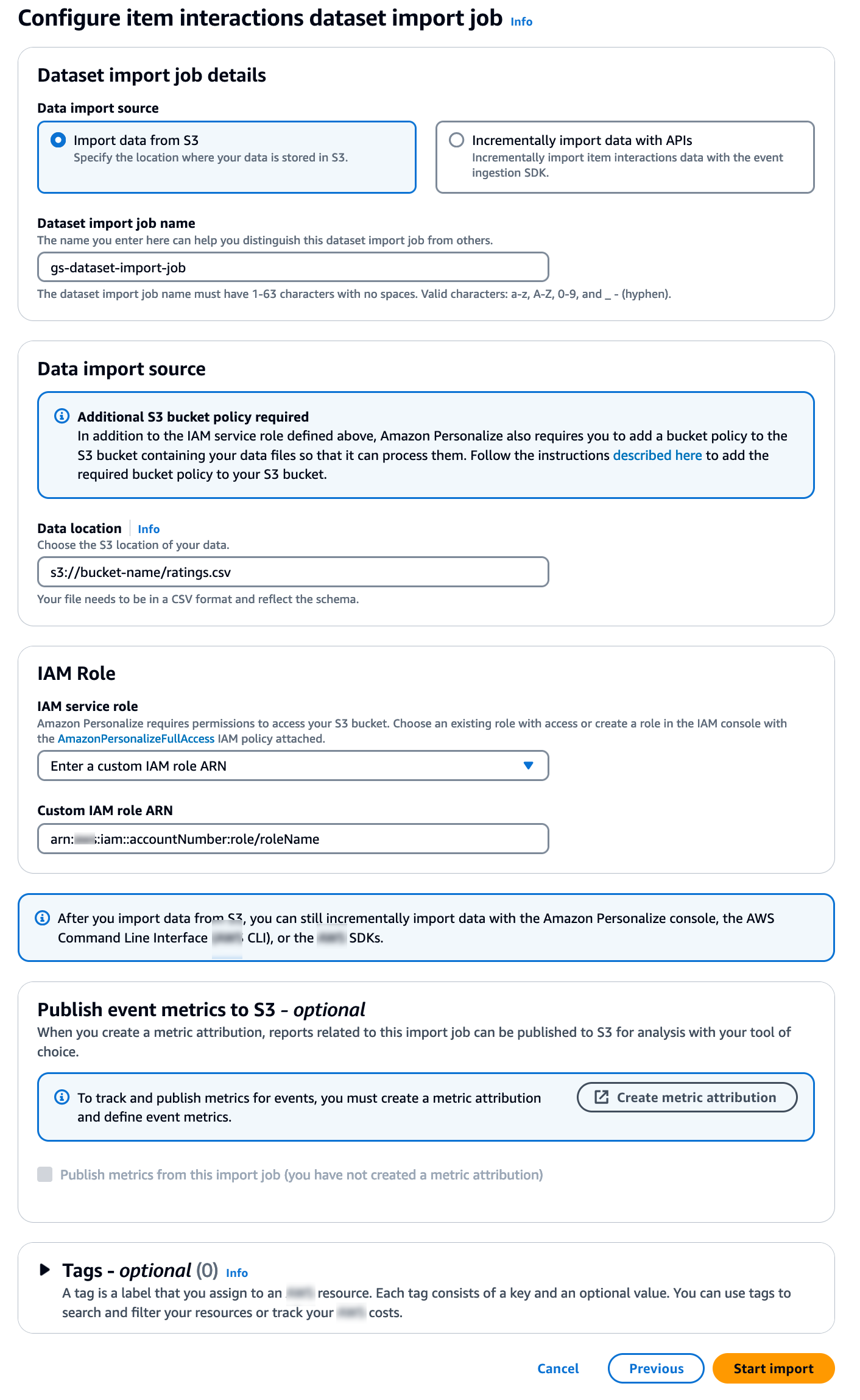 Rappresenta la pagina del processo di importazione del set di dati Configure item Interactions con i campi del processo di importazione.