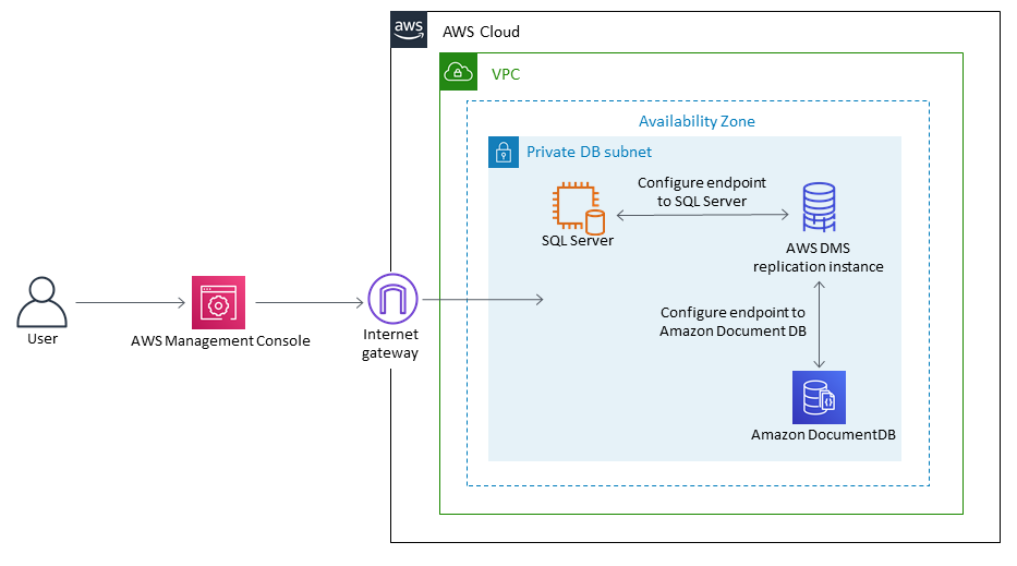 Cloud AWS architecture showing VPC with private DB subnet and components for SQL Server and DocumentDB.