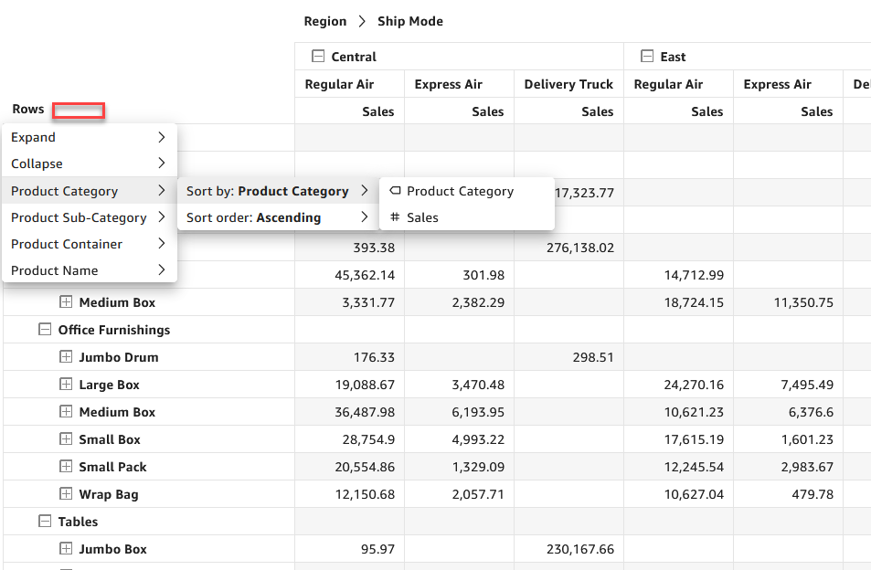 Immagine del menu Campi riga combinati.