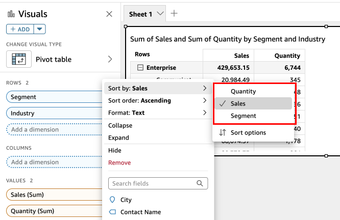 Immagine di un campo nel contenitore di campi Righe con le icone di ordinamento per campo e ordine indicate in quadrati rossi.