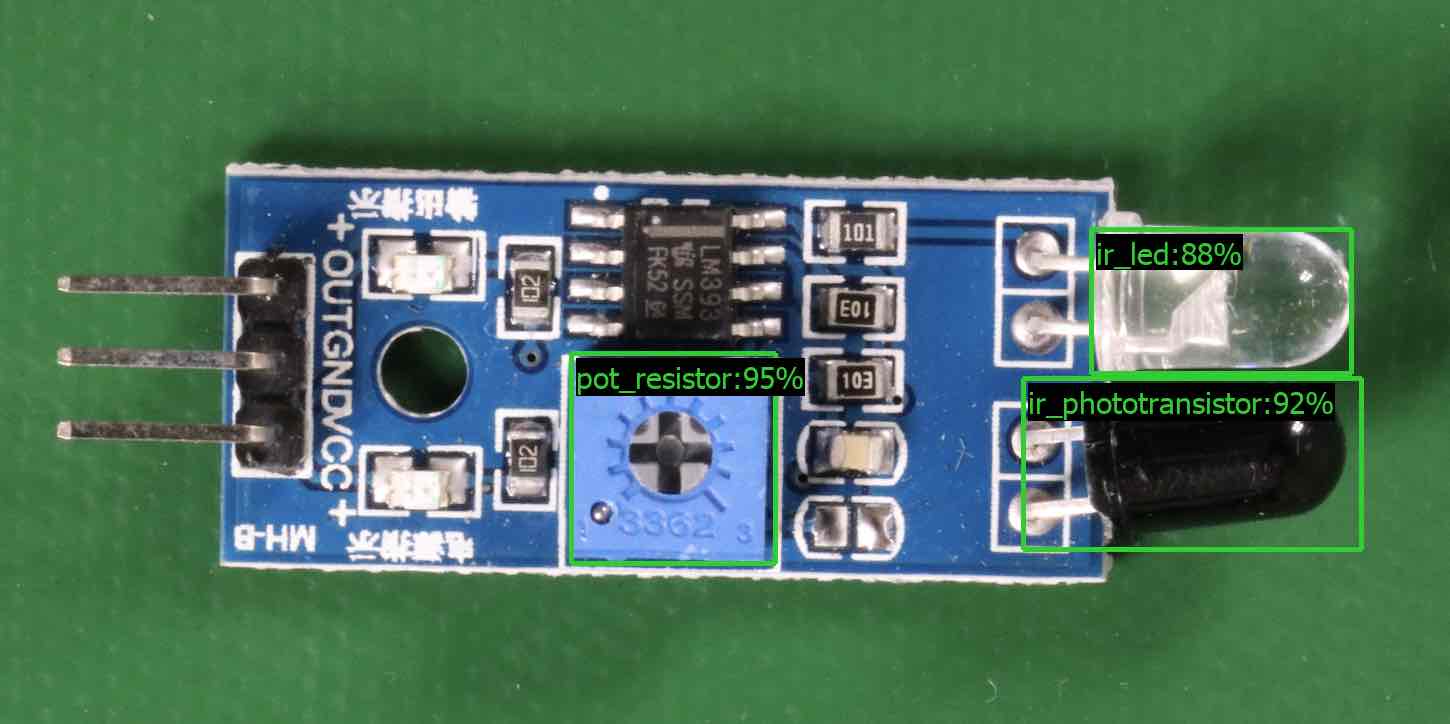 Circuito stampato con potenziometro, fototransistor a infrarossi e componenti LED etichettati.
