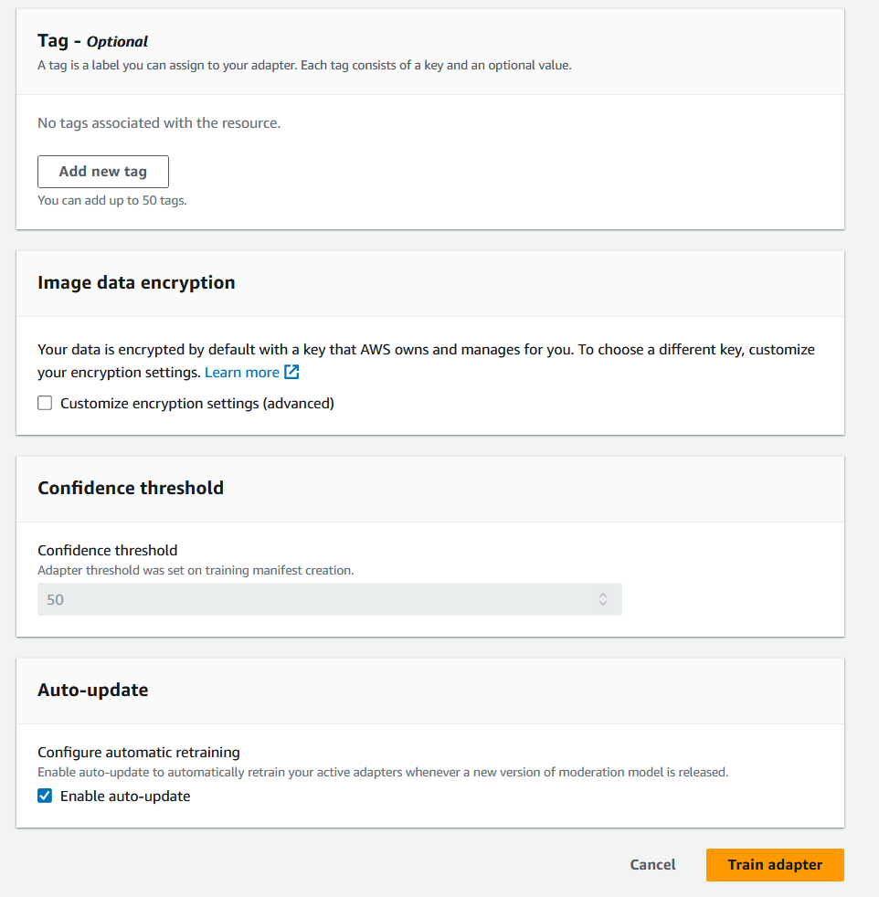 Impostazioni di configurazione per un adattatore, incluse opzioni per l'aggiunta di tag, crittografia dei dati, soglia di confidenza e aggiornamento automatico. L'adattatore può essere addestrato da questa interfaccia.