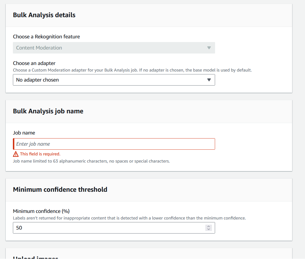 Interfaccia Bulk Analysis con menu a discesa per scegliere una funzionalità di Rekognition, un adattatore, impostare un nome di lavoro e una soglia minima di confidenza per le etichette. Alcuni campi sono obbligatori.