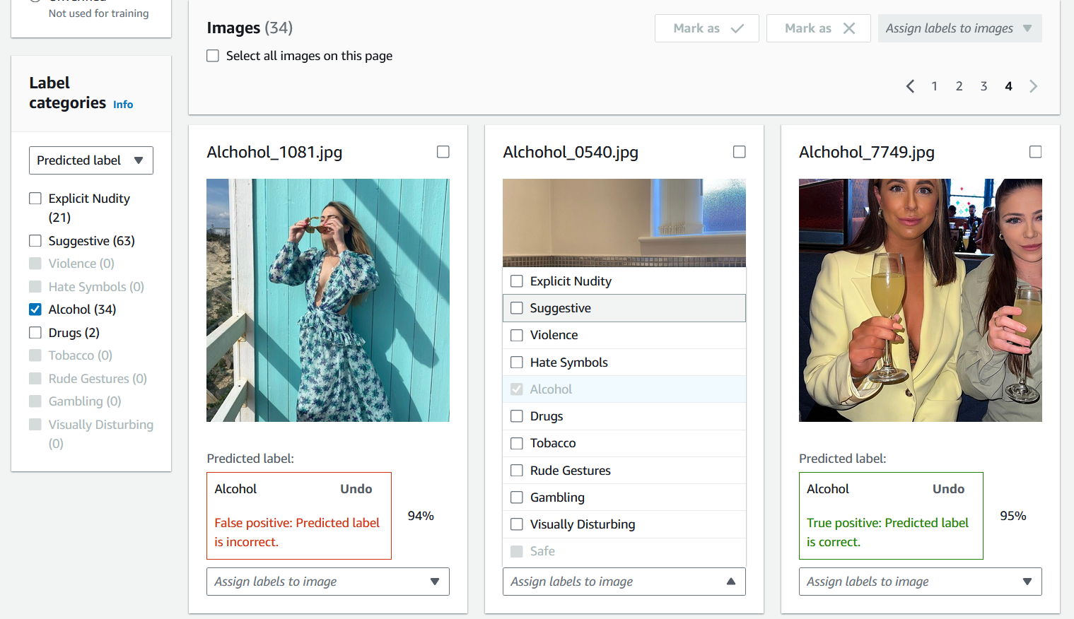Immagine che mostra tre esempi di moderazione dei contenuti relativi all'alcol e un menu per applicare le etichette.