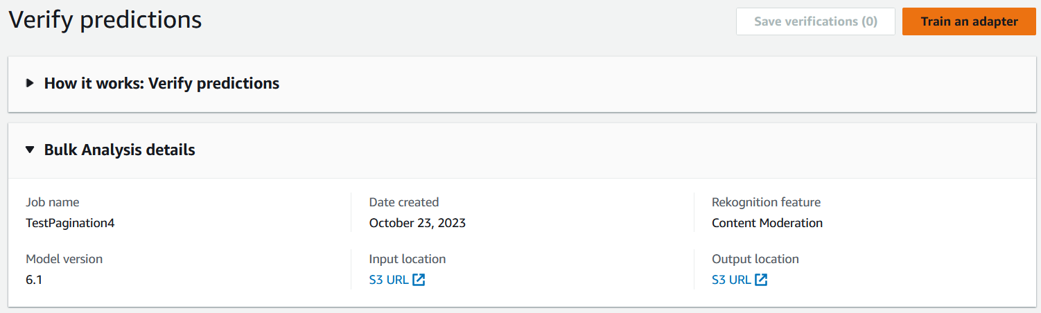 Pagina di verifica delle previsioni che mostra i dettagli del lavoro, tra cui nome, data di creazione, versione del modello, posizioni di input e output. È presente un pulsante dell'adattatore Train.