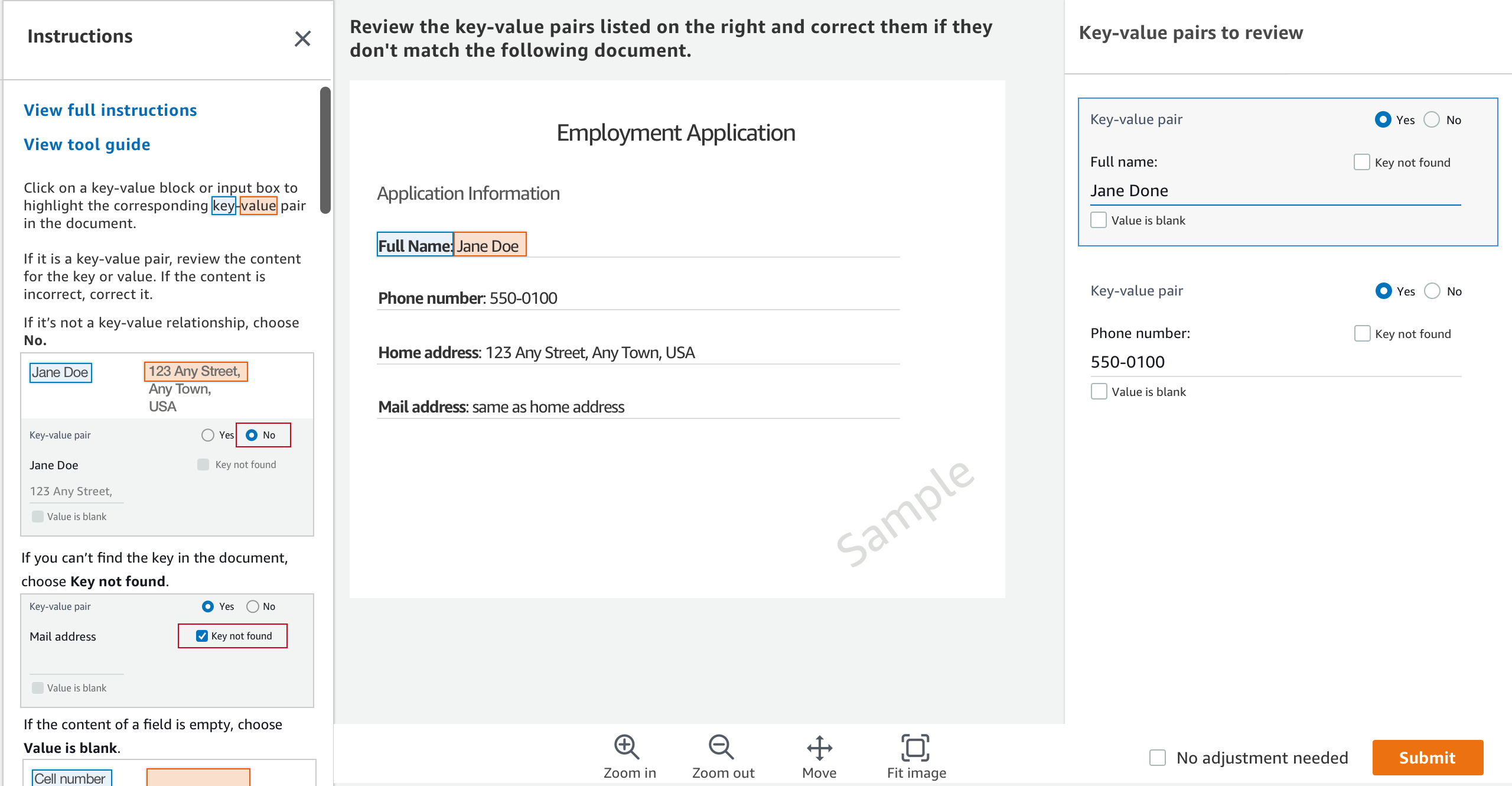 Esempio di attività di revisione nella console del worker A2I Textract.