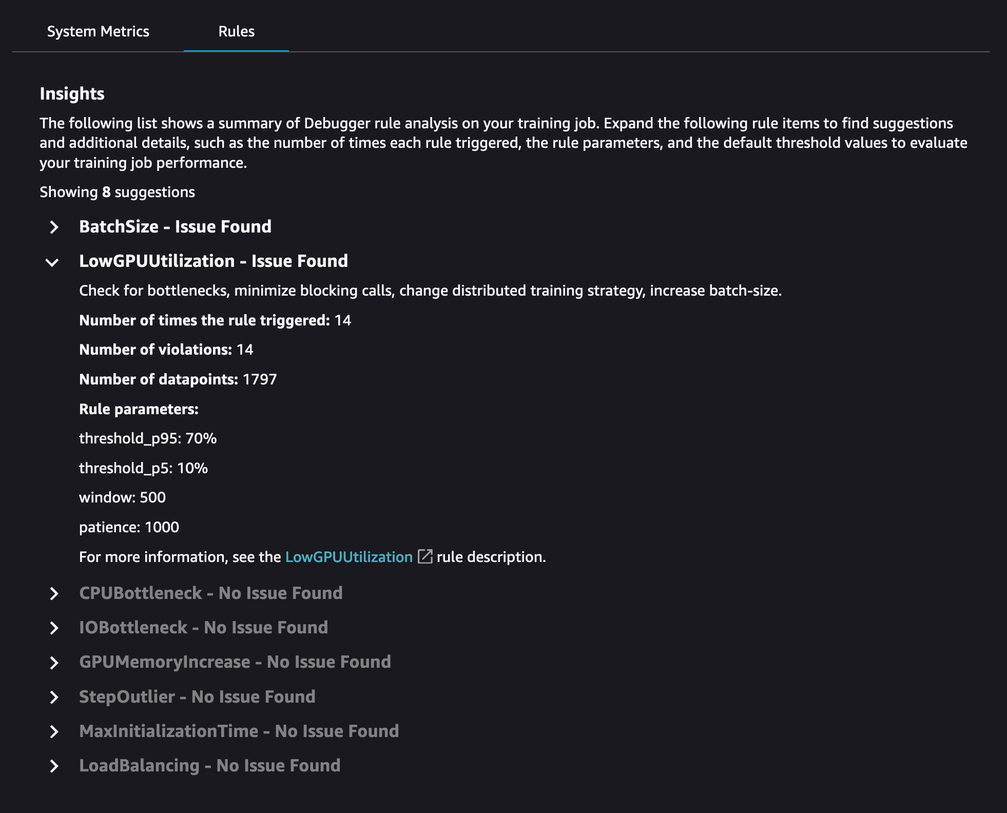 La scheda Regole nella dashboard di SageMaker Debugger Insights